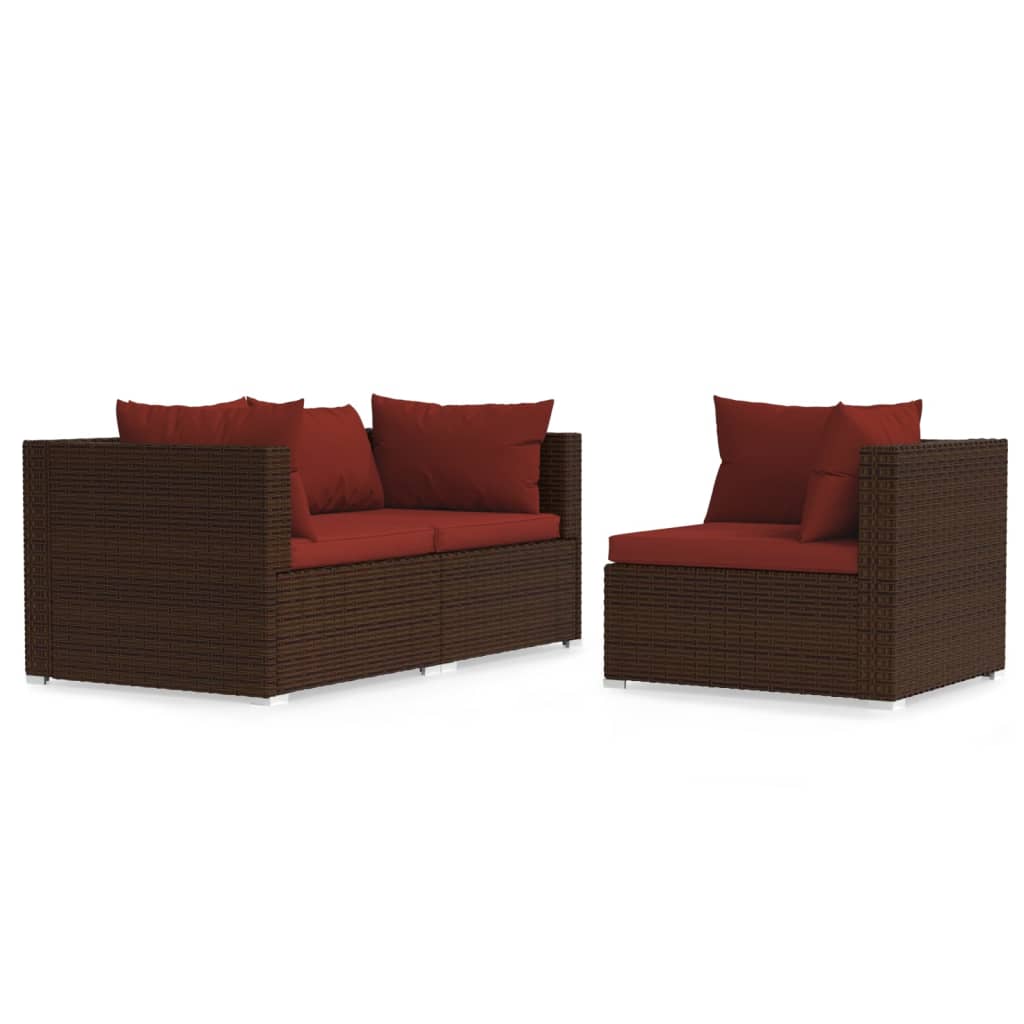 3-delige Loungeset met kussens poly rattan bruin