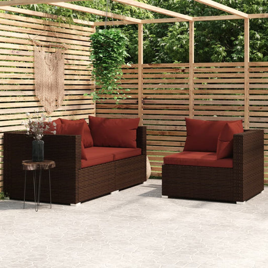 3-delige Loungeset met kussens poly rattan bruin