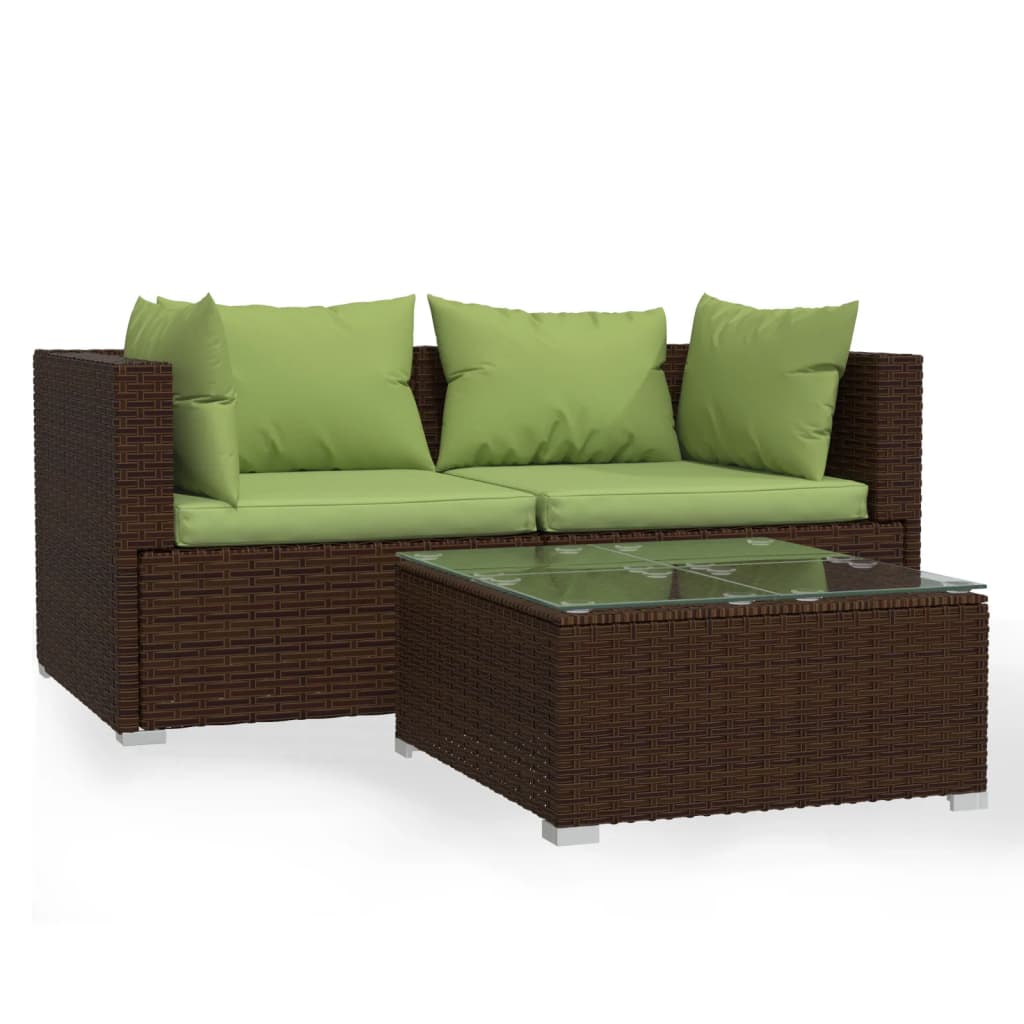 3-delige Loungeset met kussens poly rattan bruin