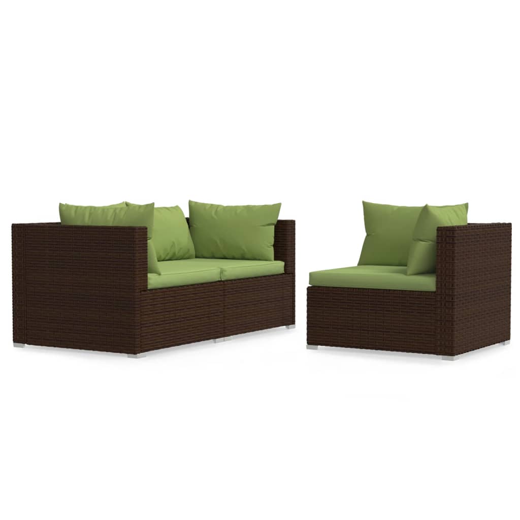 3-delige Loungeset met kussens poly rattan bruin