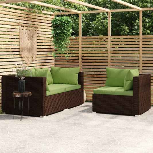 3-delige Loungeset met kussens poly rattan bruin