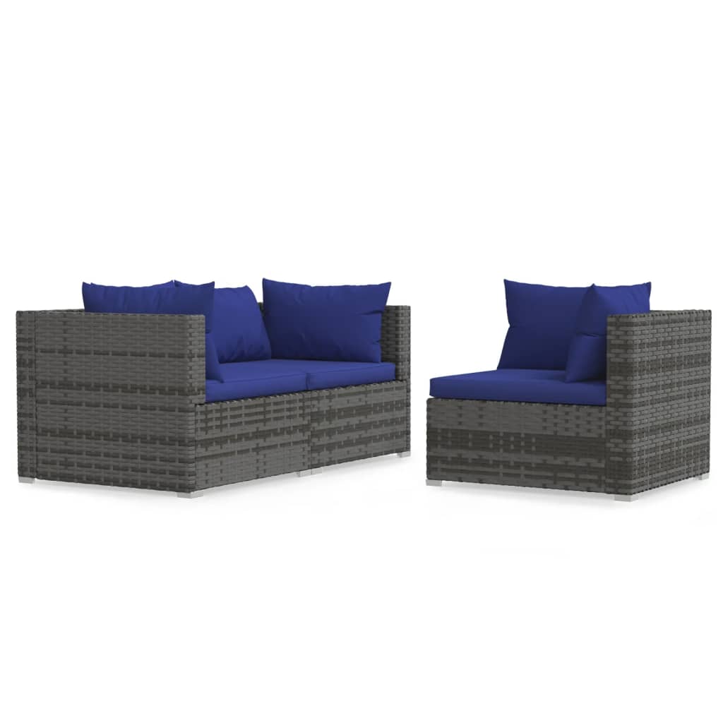 3-delige Loungeset met kussens poly rattan grijs