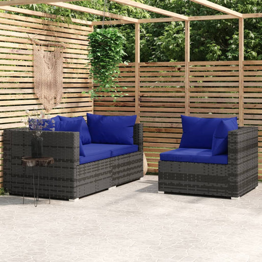 3-delige Loungeset met kussens poly rattan grijs