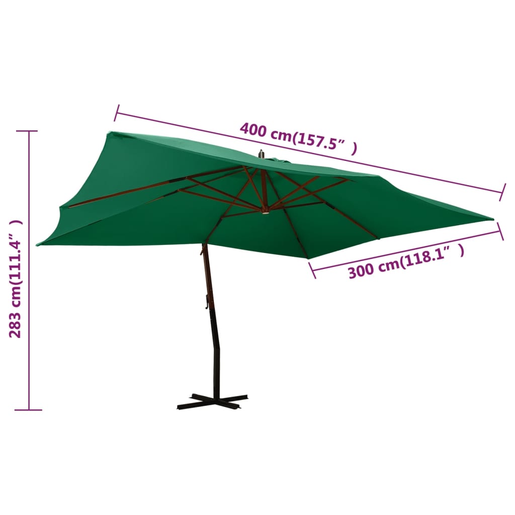 Zweefparasol met houten paal 400x300 cm groen