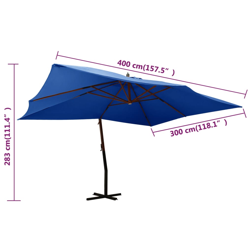 Zweefparasol met houten paal 400x300 cm azuurblauw