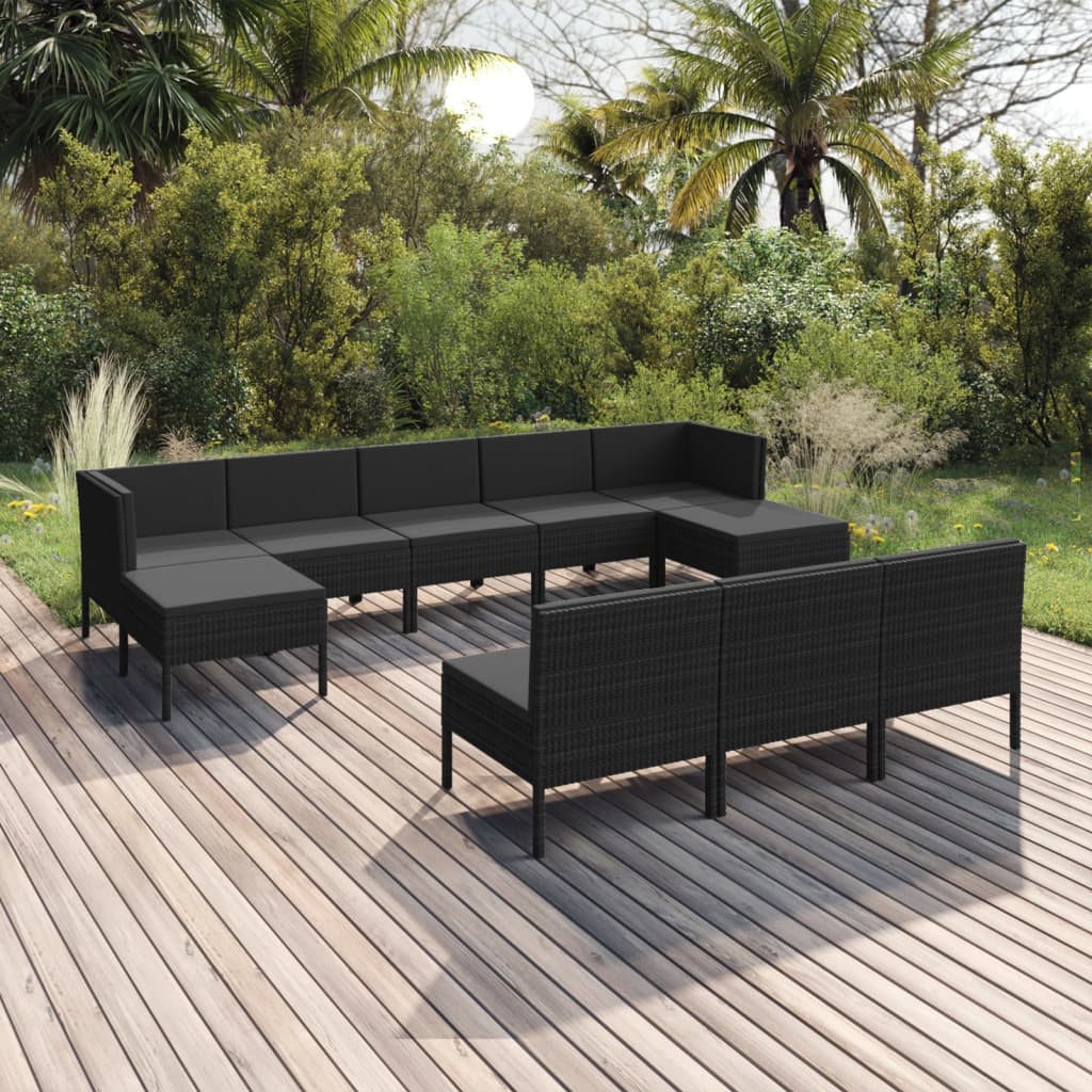 10-delige Loungeset met kussens poly rattan zwart