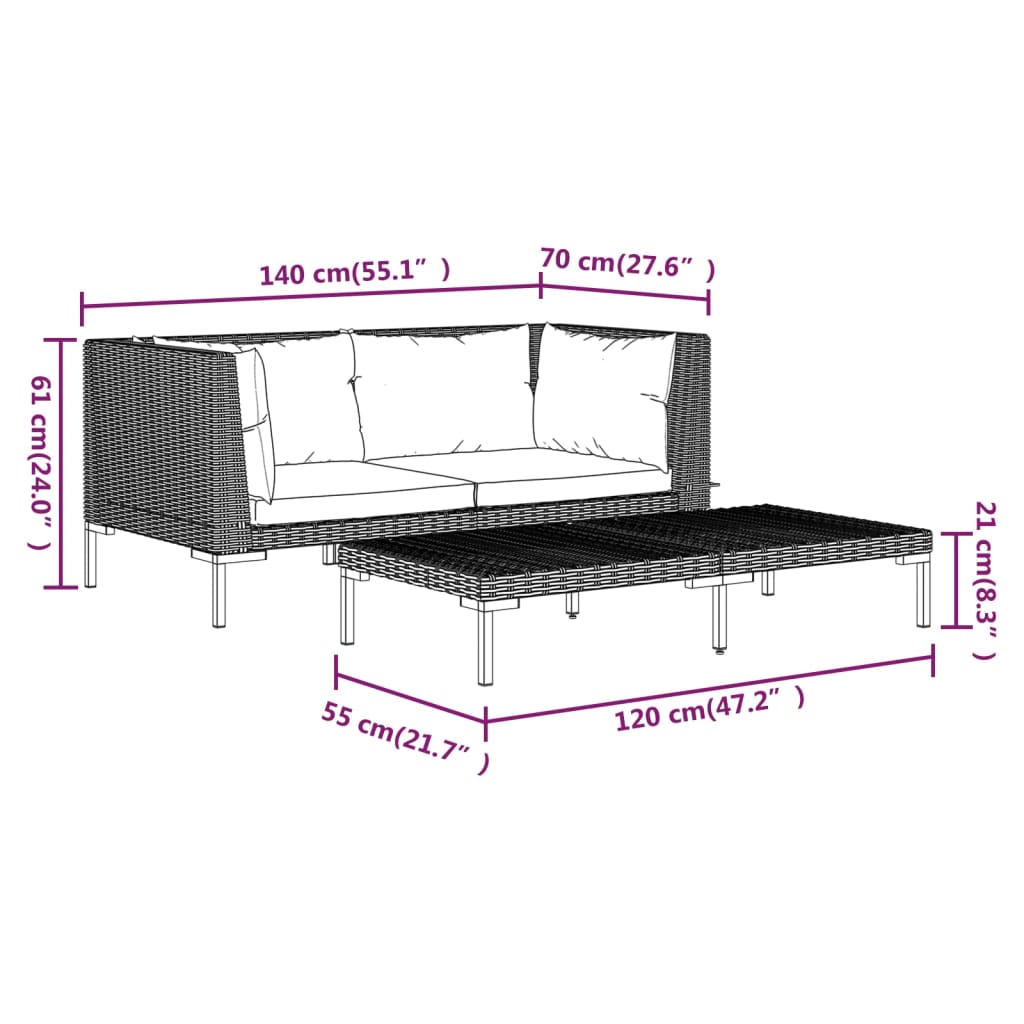 3-delige Loungeset halfrond poly rattan donkergrijs