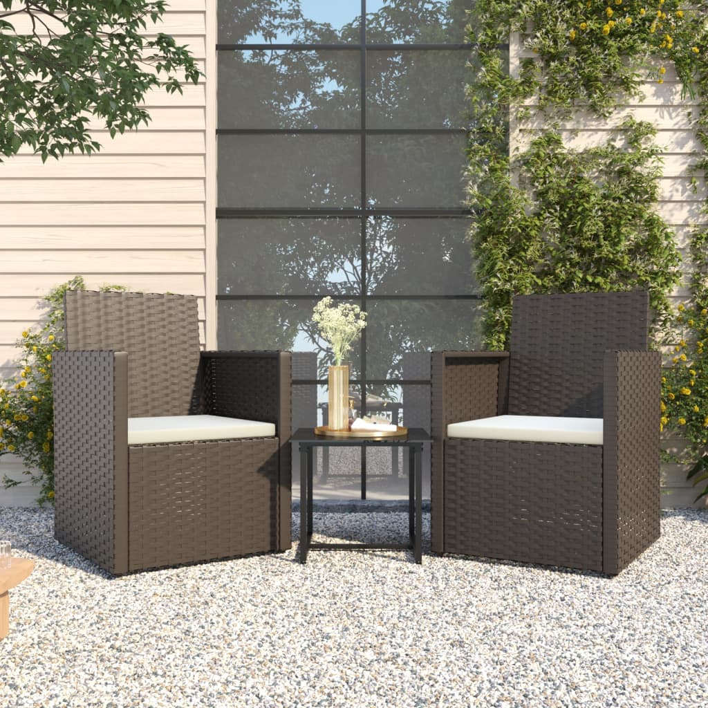 3-delige Loungeset met kussens poly rattan zwart