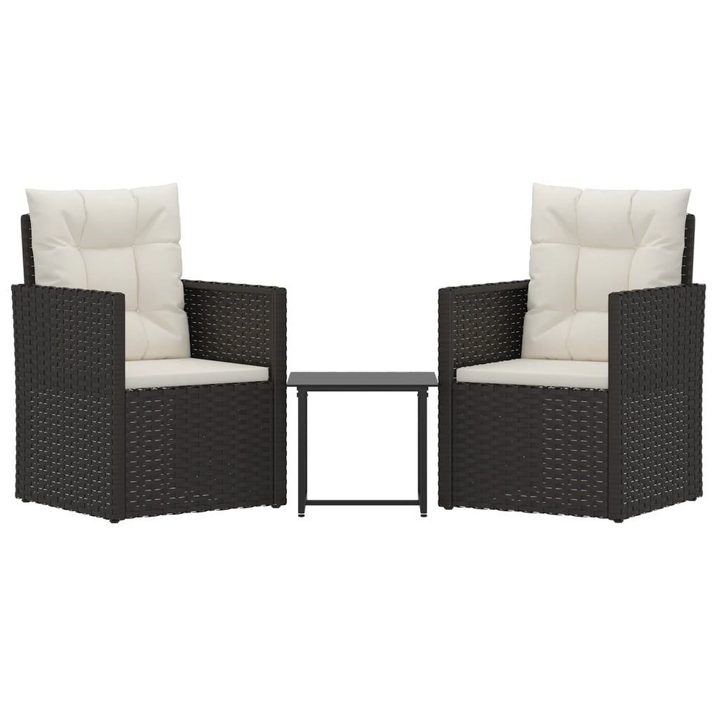 3-delige Loungeset met kussens poly rattan zwart