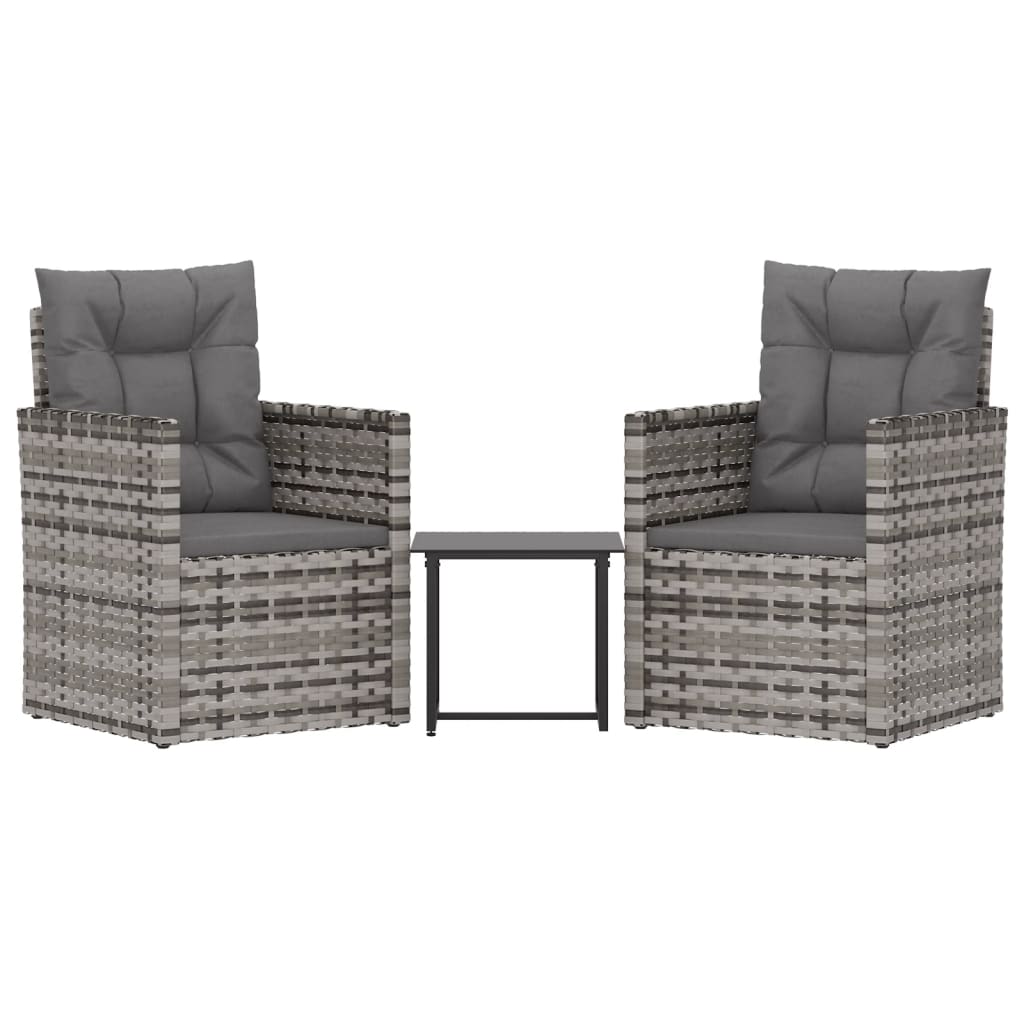 3-delige Loungeset met kussens poly rattan grijs