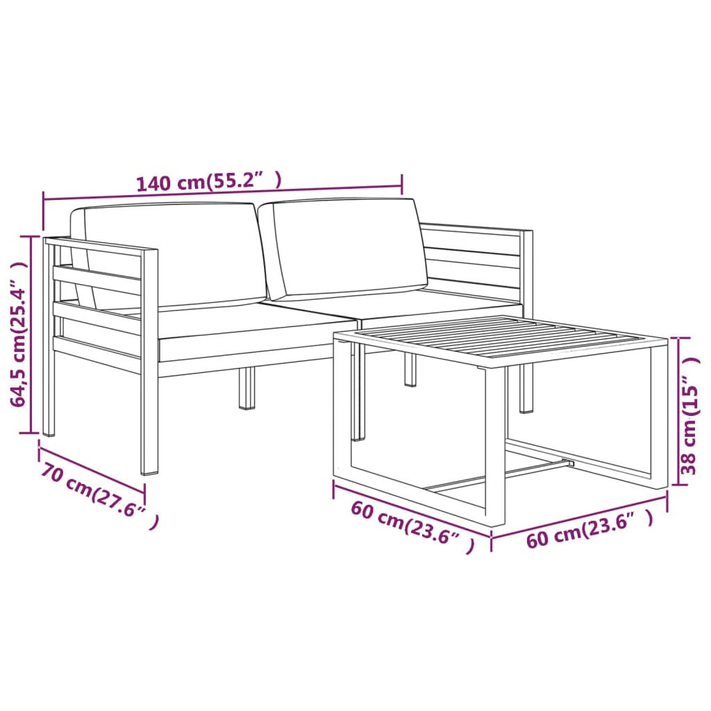 3-delige Loungeset met kussens aluminium antracietkleurig