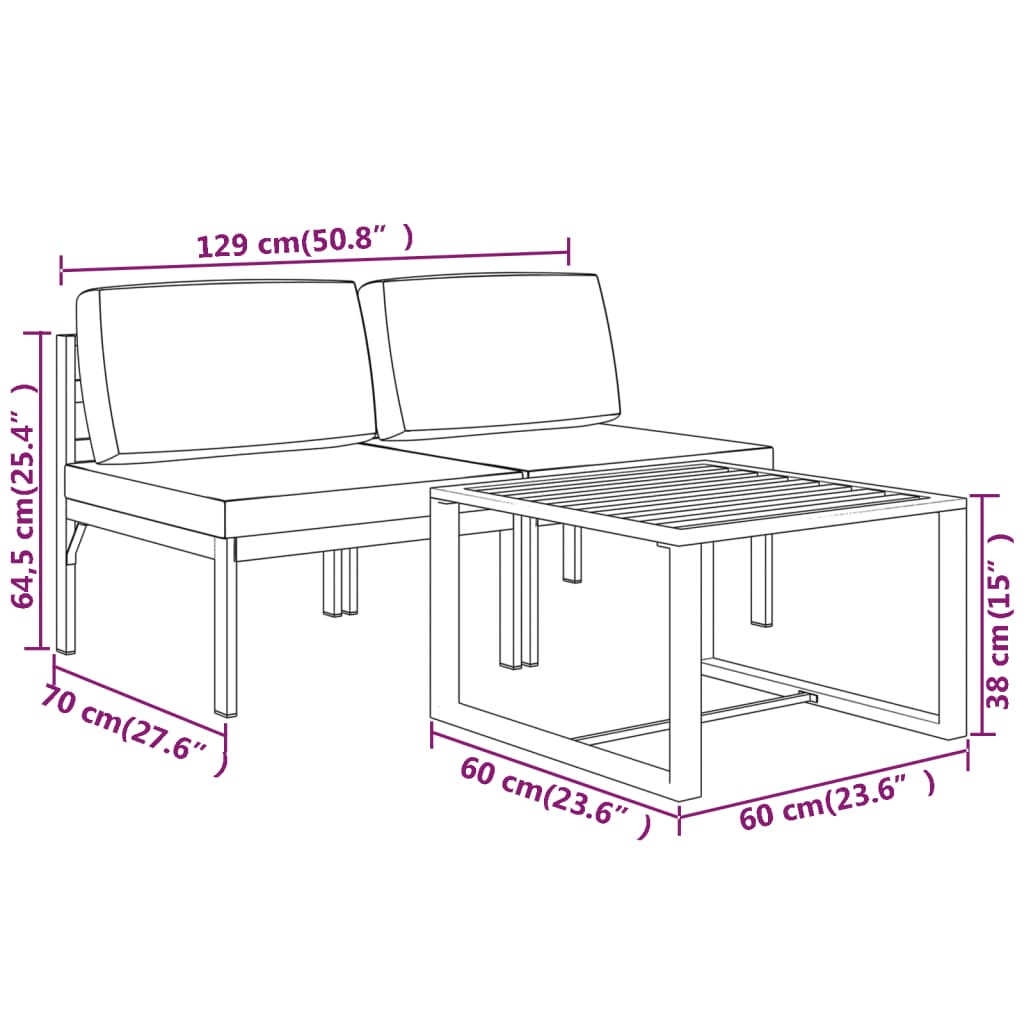 3-delige Loungeset met kussens aluminium antracietkleurig