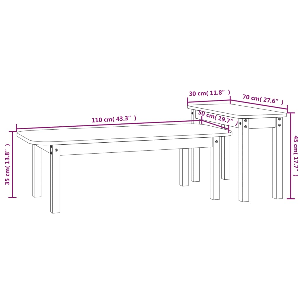 2-delige Salontafelset massief grenenhout wit