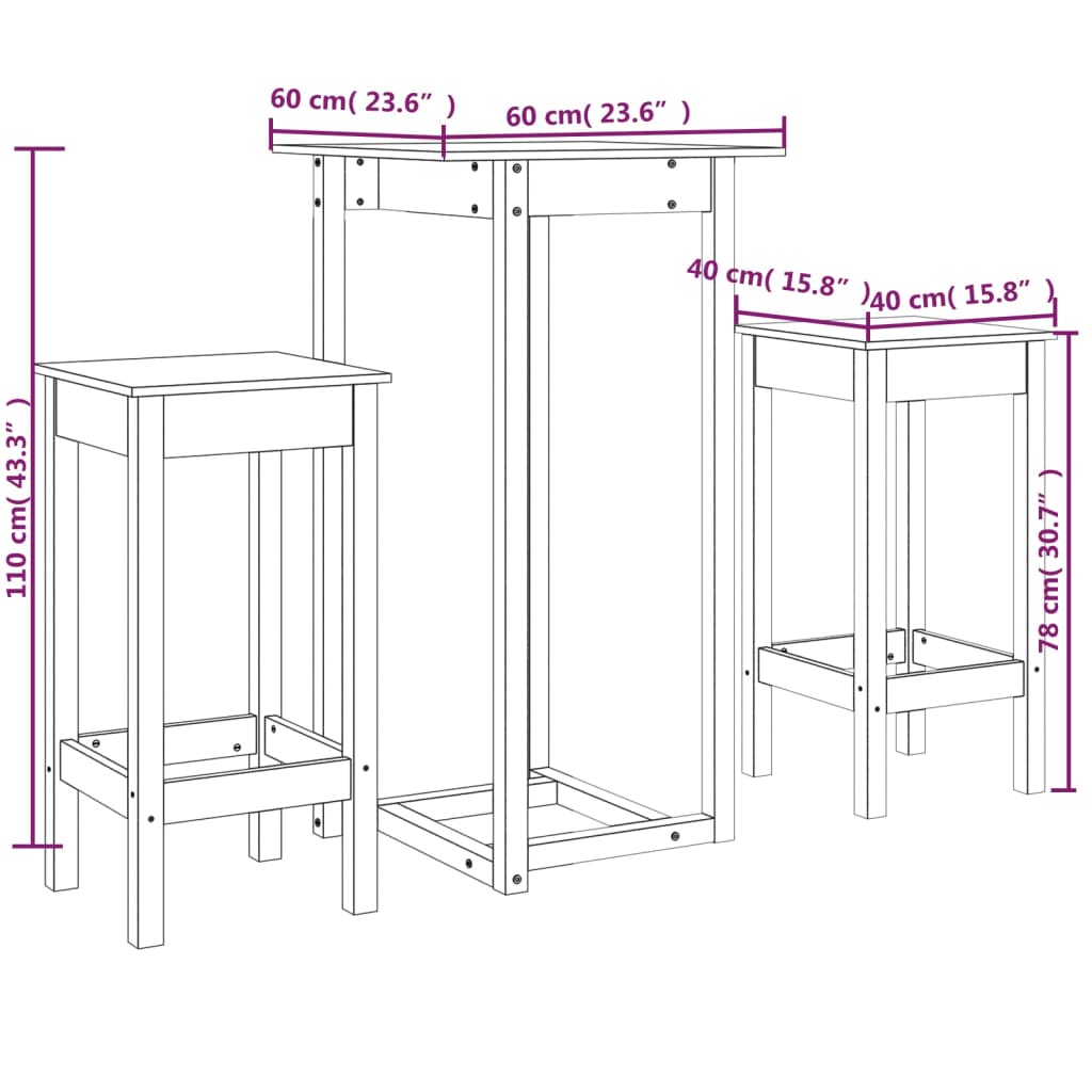 3-delige Barset massief grenenhout