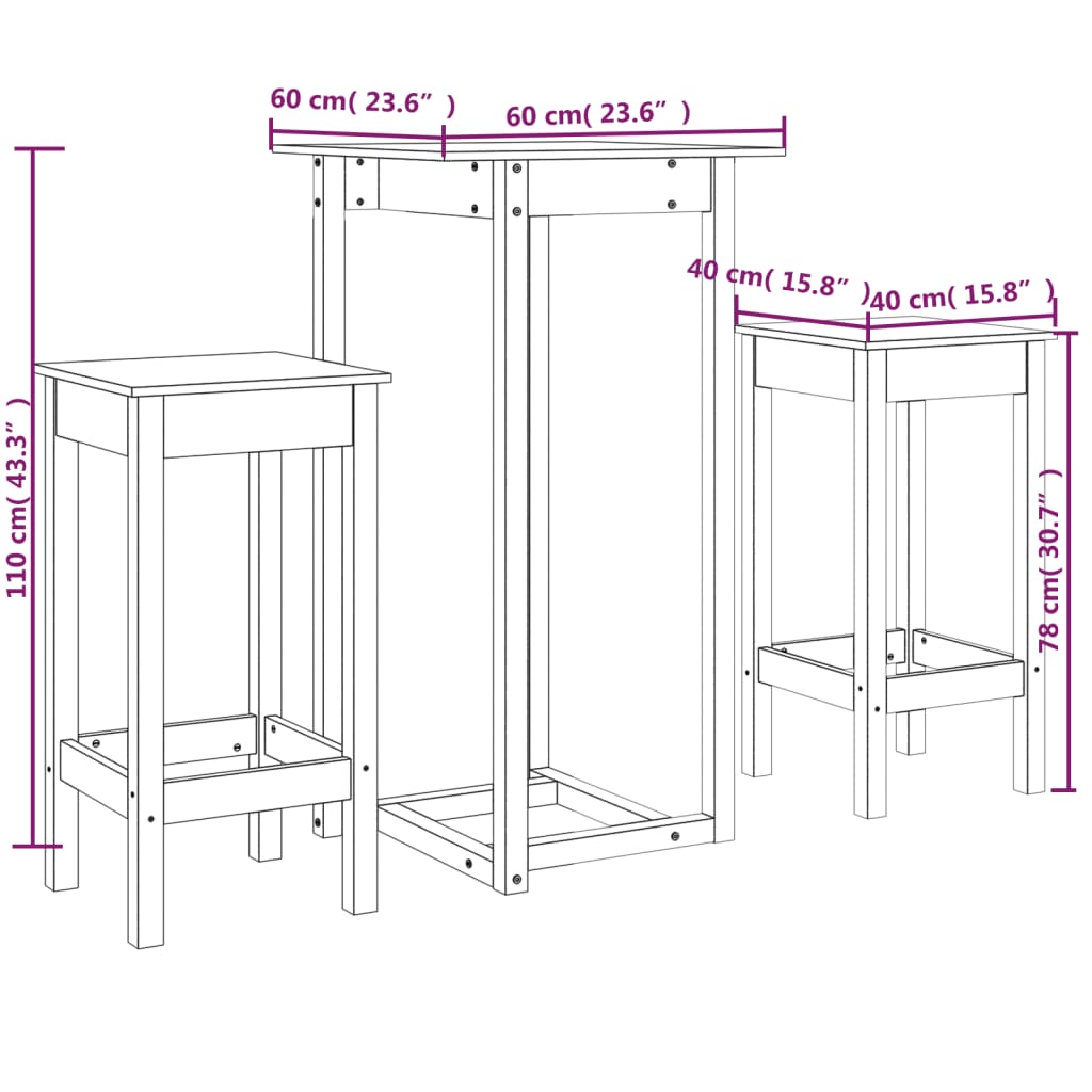 3-delige Barset massief grenenhout wit