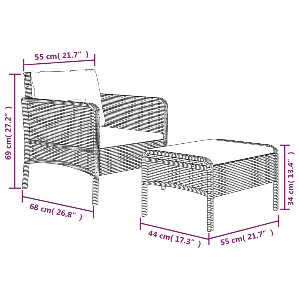 2-delige Loungeset met kussens poly rattan zwart