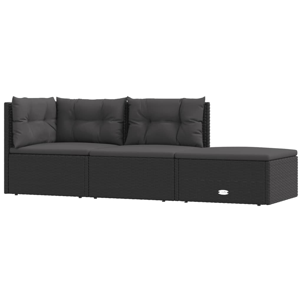 3-delige Loungeset met kussens poly rattan zwart