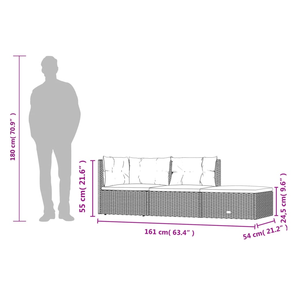 3-delige Loungeset met kussens poly rattan zwart