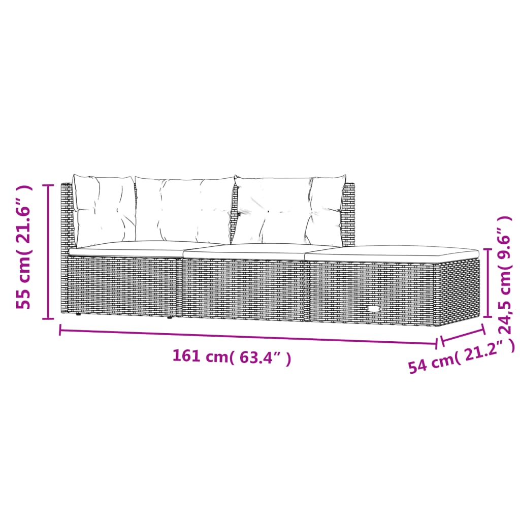 3-delige Loungeset met kussens poly rattan zwart