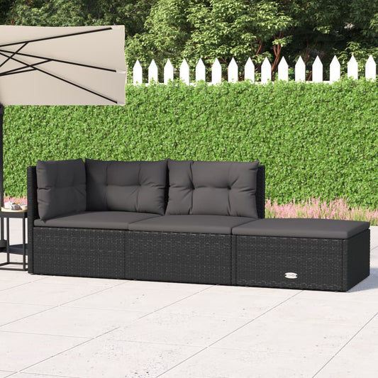 3-delige Loungeset met kussens poly rattan zwart