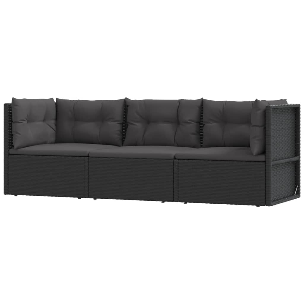 3-delige Loungeset met kussens poly rattan zwart