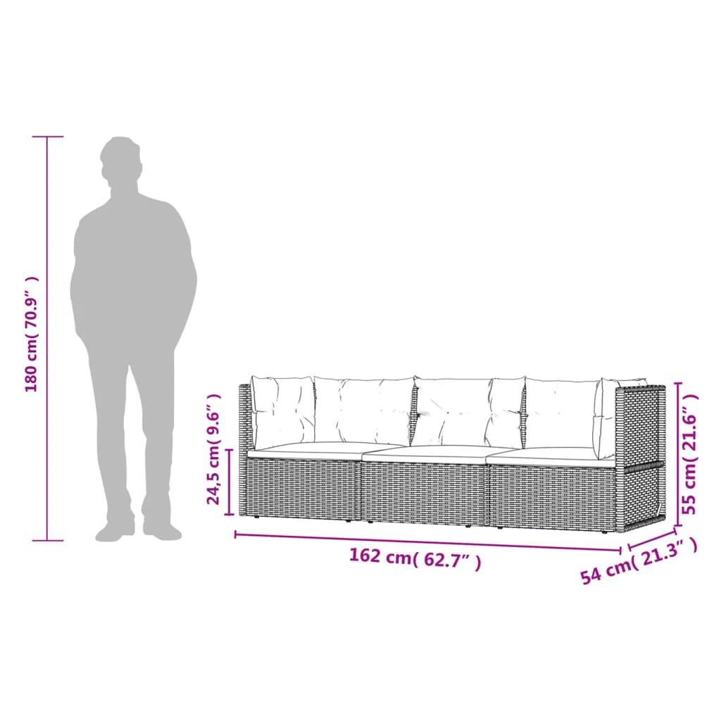 3-delige Loungeset met kussens poly rattan zwart