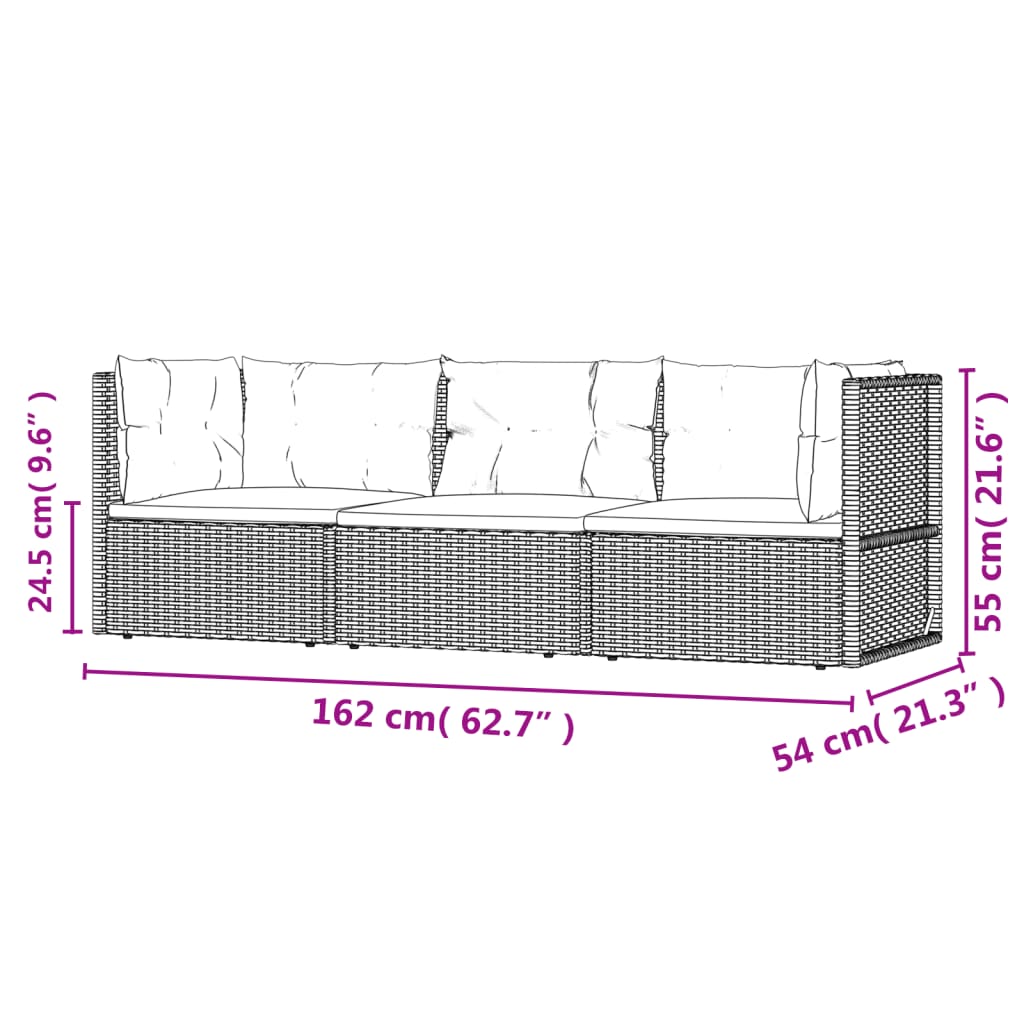 3-delige Loungeset met kussens poly rattan zwart