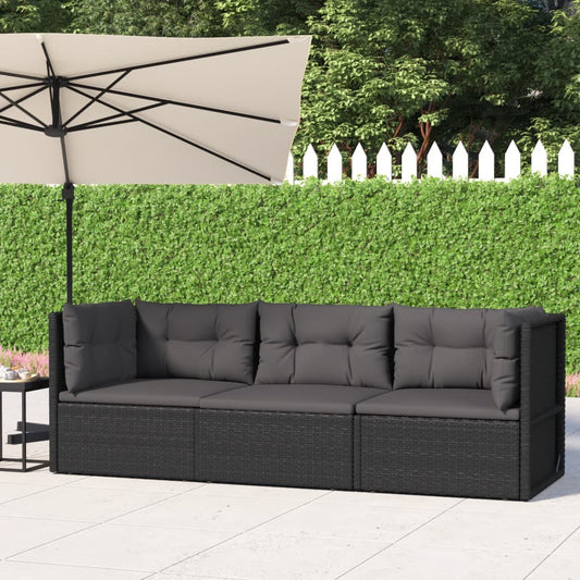 3-delige Loungeset met kussens poly rattan zwart