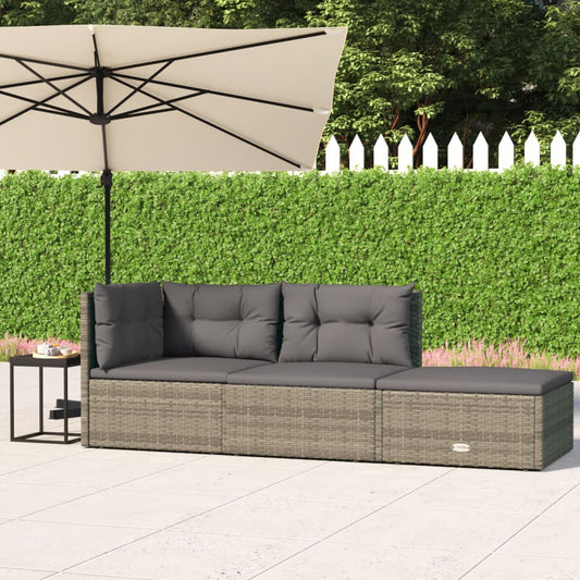 3-delige Loungeset met kussens poly rattan grijs