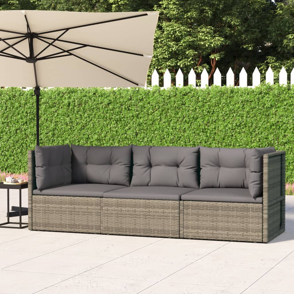 3-delige Loungeset met kussens poly rattan grijs