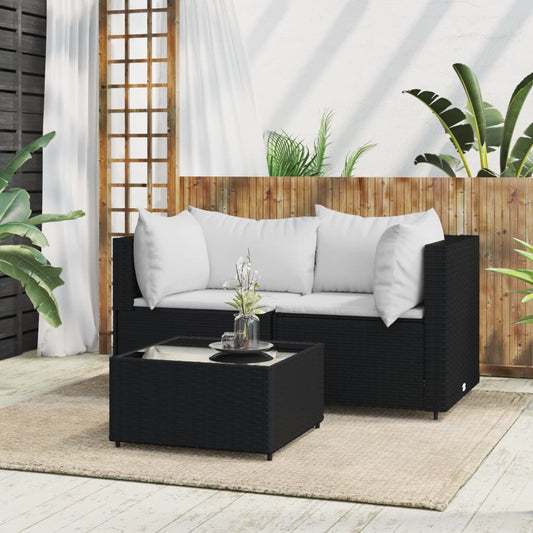 3-delige Loungeset met kussens poly rattan zwart