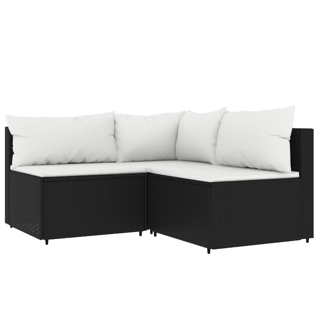 3-delige Loungeset met kussens poly rattan zwart