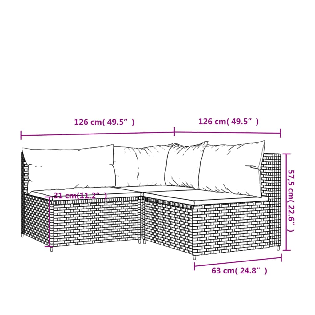 3-delige Loungeset met kussens poly rattan zwart