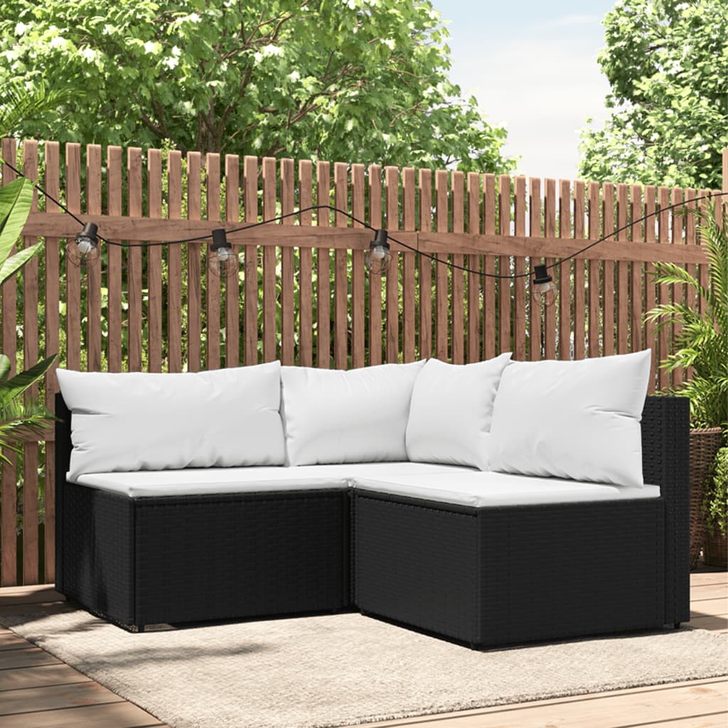 3-delige Loungeset met kussens poly rattan zwart