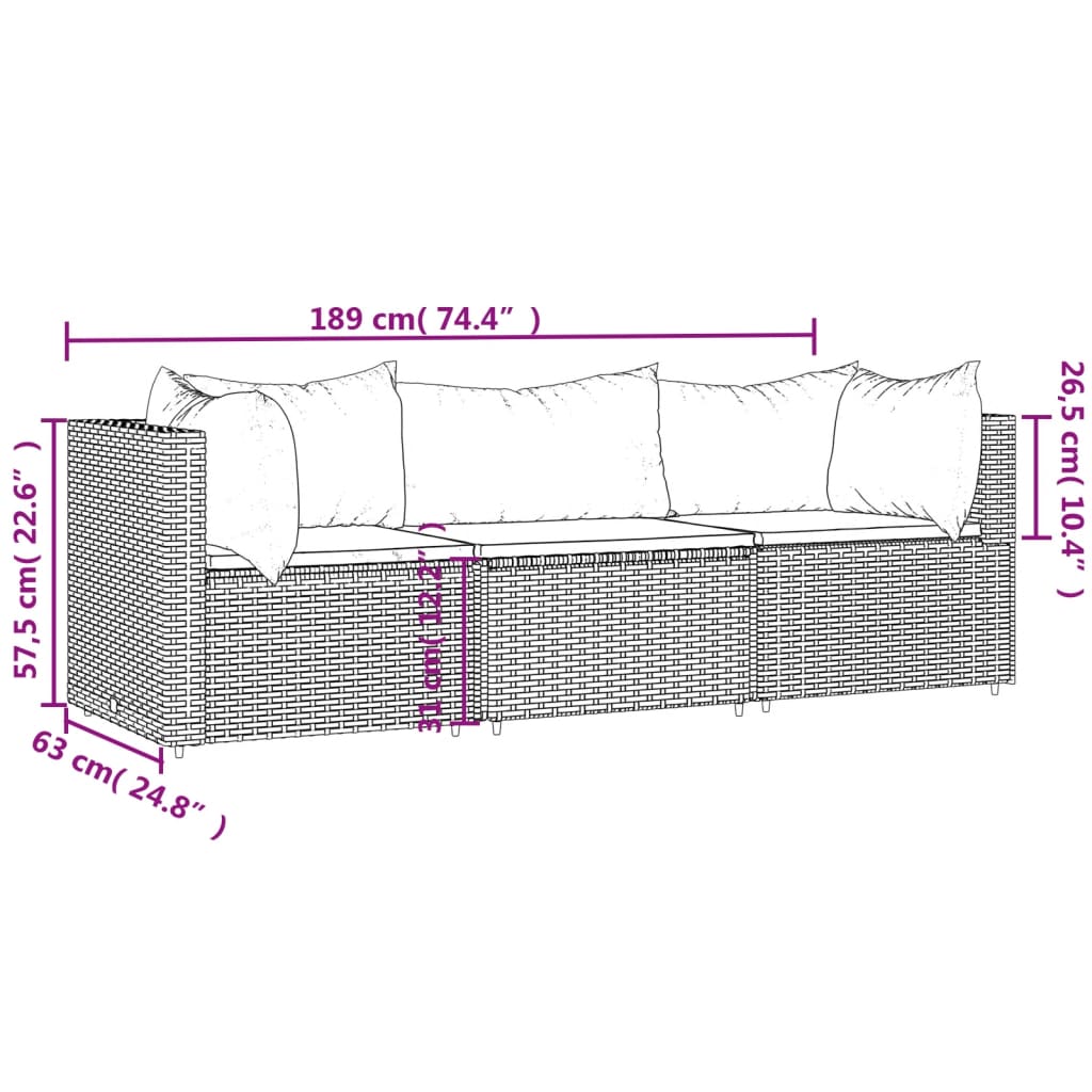 3-delige Loungeset met kussens poly rattan zwart