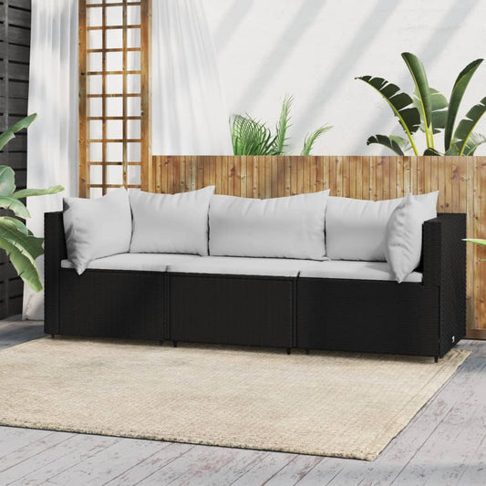 3-delige Loungeset met kussens poly rattan zwart