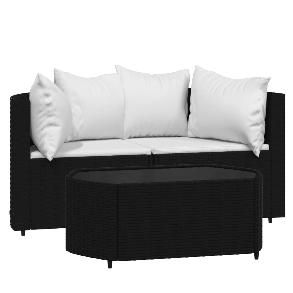 3-delige Loungeset met kussens poly rattan zwart