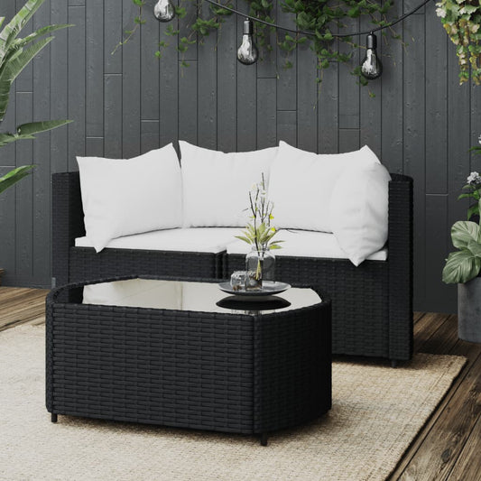 3-delige Loungeset met kussens poly rattan zwart