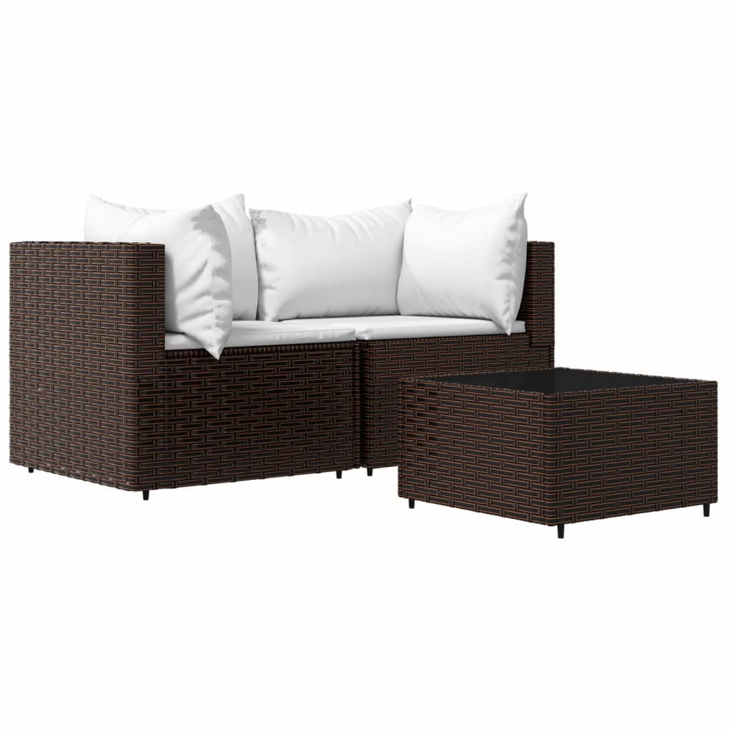 3-delige Loungeset met kussens poly rattan bruin