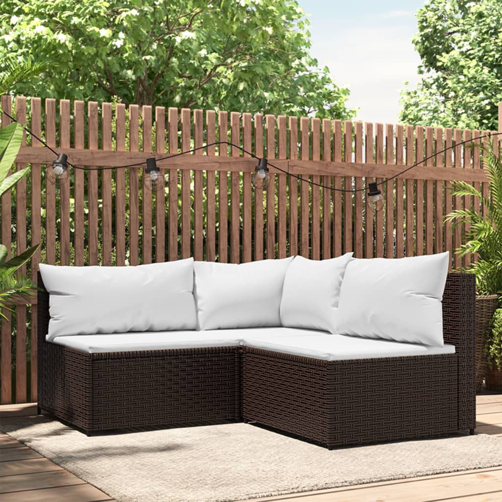 3-delige Loungeset met kussens poly rattan bruin