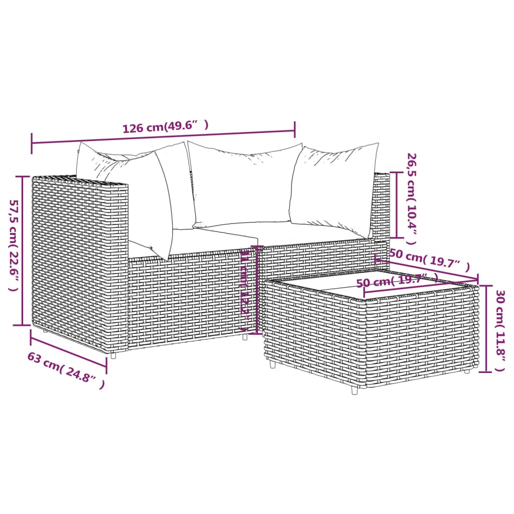 3-delige Loungeset met kussens poly rattan grijs