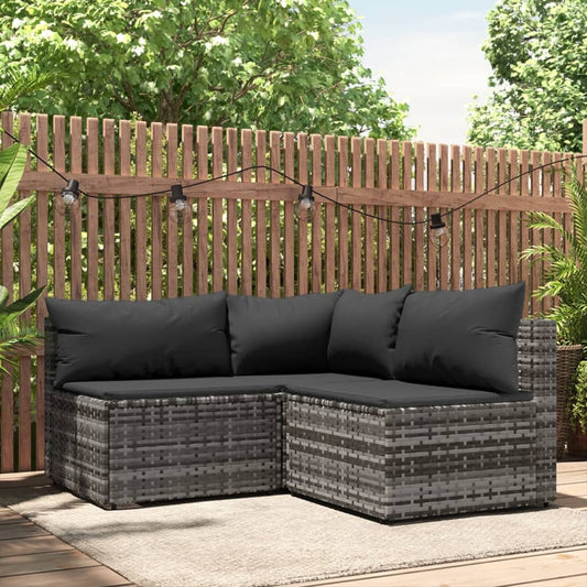 3-delige Loungeset met kussens poly rattan grijs