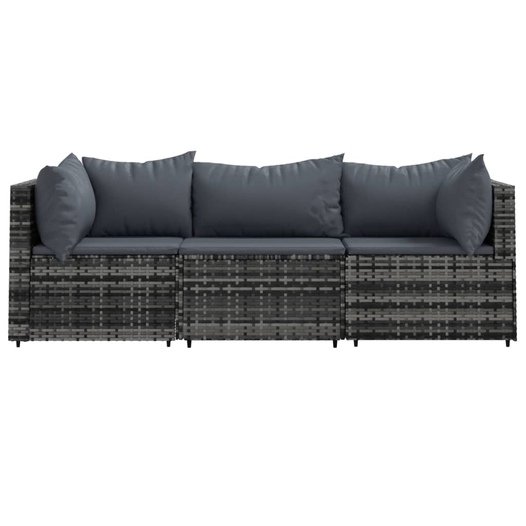 3-delige Loungeset met kussens poly rattan grijs