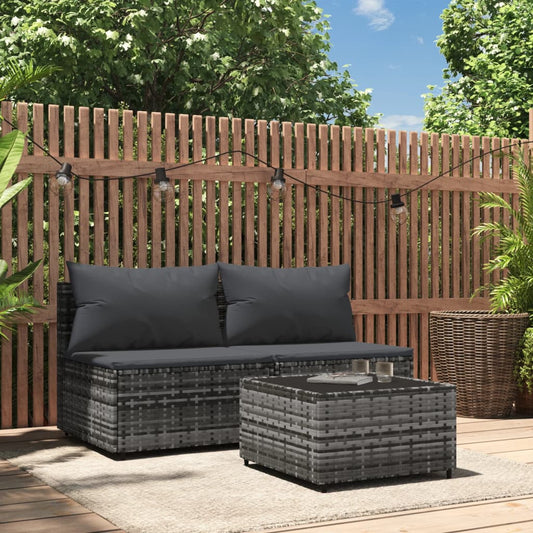 3-delige Loungeset met kussens poly rattan grijs