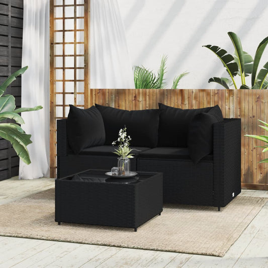 3-delige Loungeset met kussens poly rattan zwart