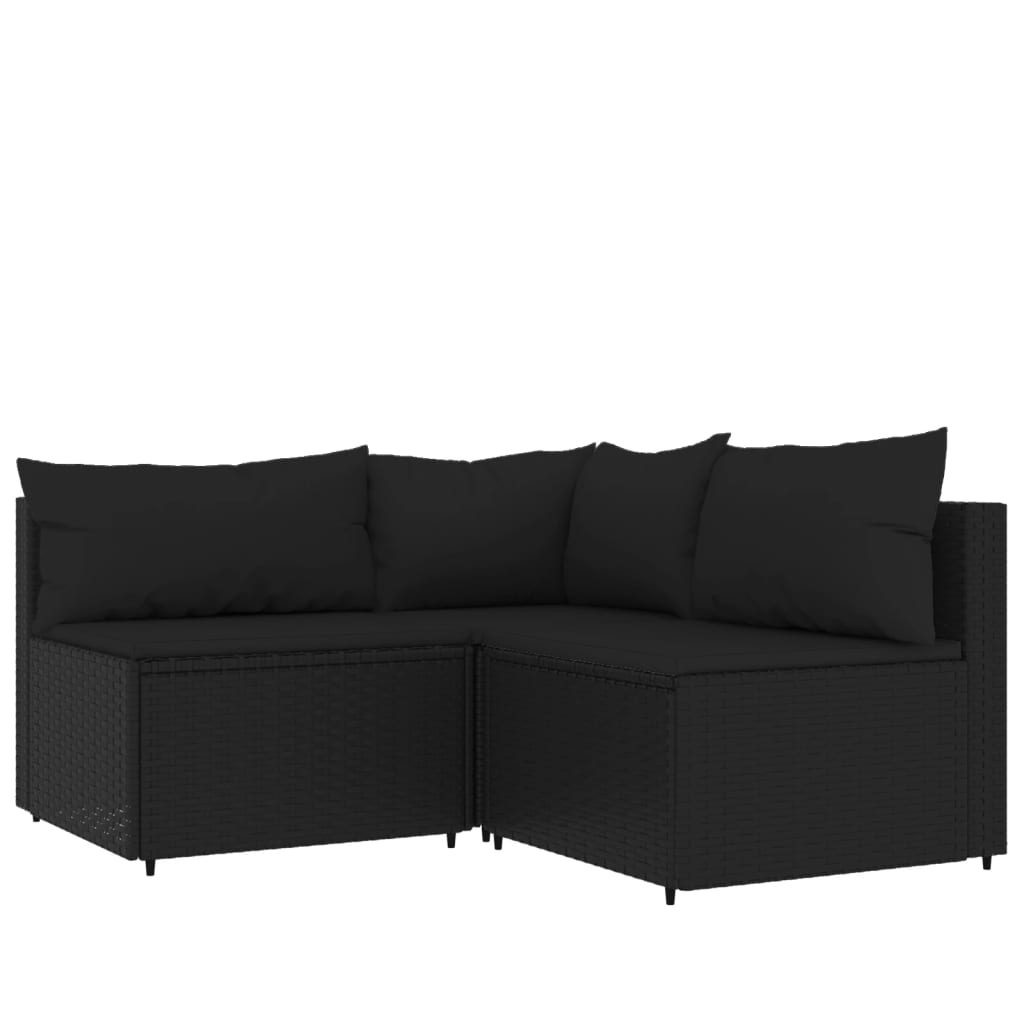 3-delige Loungeset met kussens poly rattan zwart