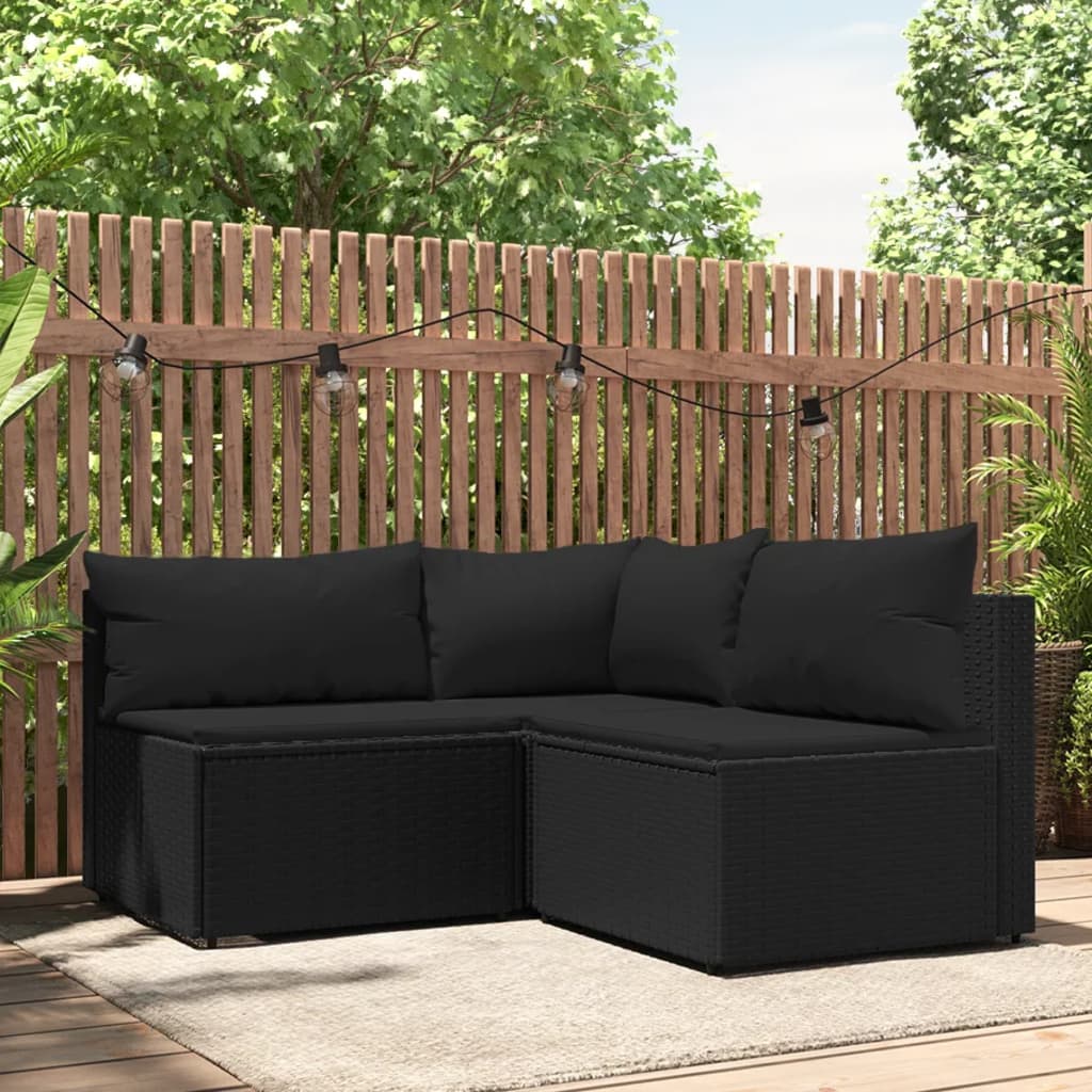 3-delige Loungeset met kussens poly rattan zwart