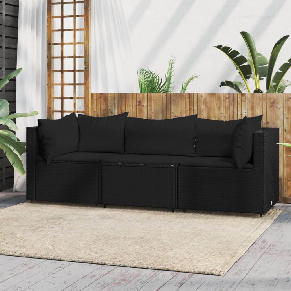 3-delige Loungeset met kussens poly rattan zwart