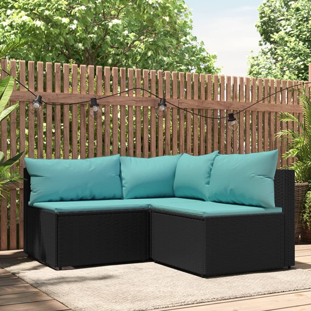 3-delige Loungeset met kussens poly rattan zwart