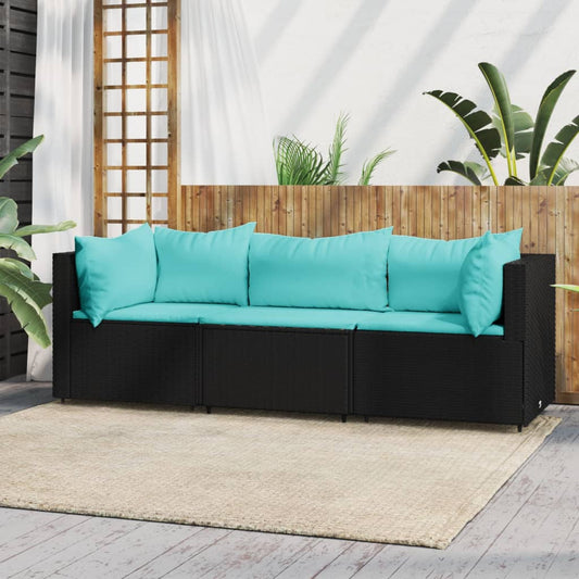 3-delige Loungeset met kussens poly rattan zwart